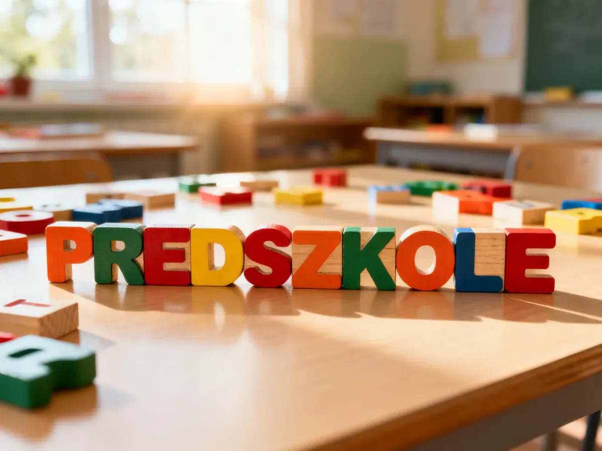 Kolorowe drewniane klocki z literami ułożonymi w słowo „PRZEDSZKOLE” na jasnym biurku w słonecznej sali lekcyjnej.