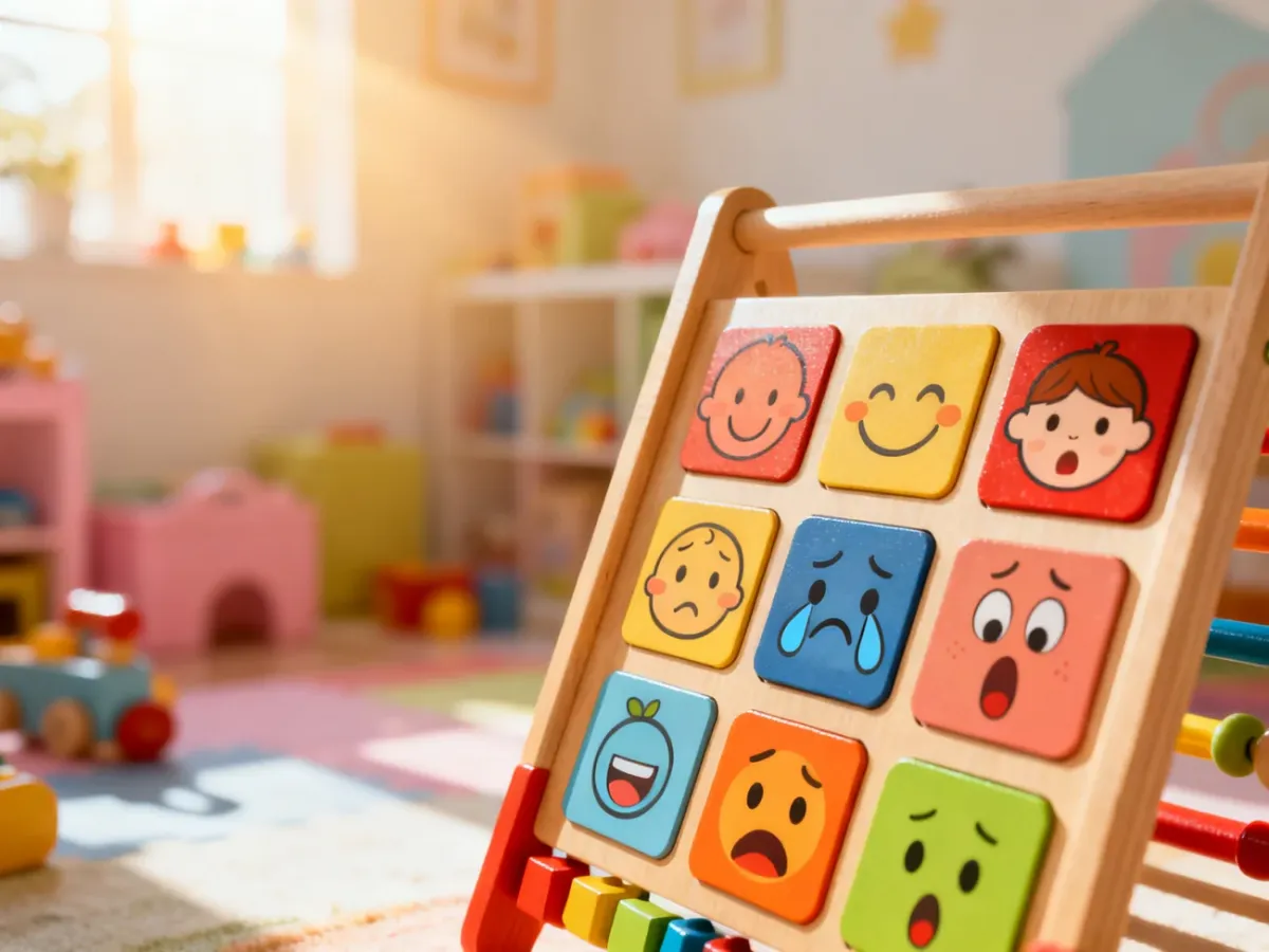 Kolorowa tablica edukacyjna z ilustracjami emocji, pomagająca dzieciom w nauce rozpoznawania uczuć.