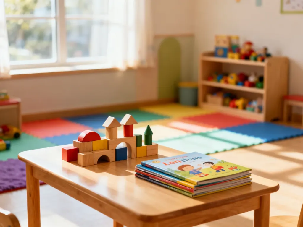 Kolorowa i przytulna sala przedszkolna z kącikiem edukacyjnym, zachęcająca do zabawy i nauki.