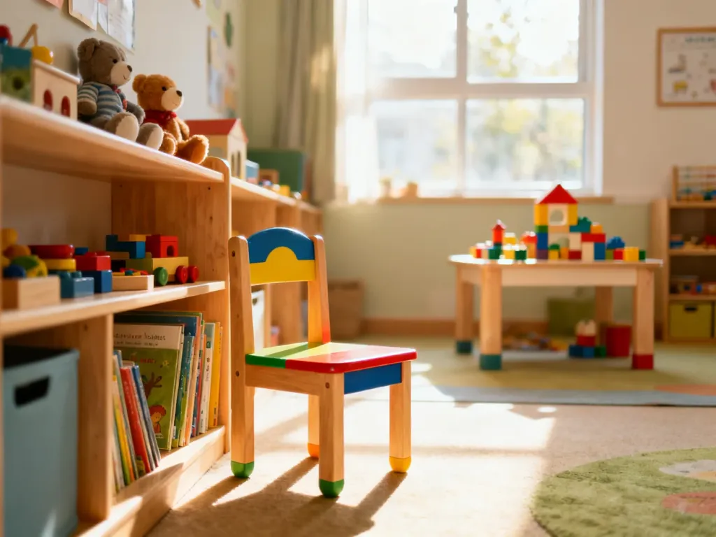 Przytulna i uporządkowana sala przedszkolna z kolorowymi zabawkami, zachęcająca dziecko do nauki i zabawy.