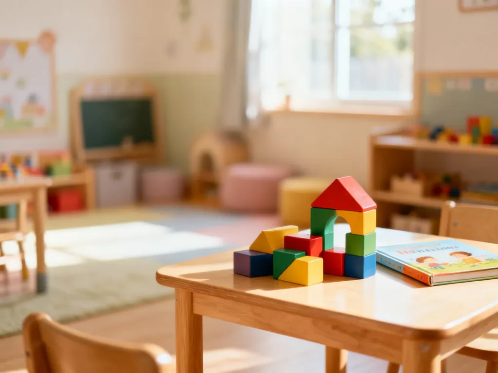 Przytulna sala przedszkolna z klockami i książką, tworząca ciepłą i zachęcającą atmosferę dla dzieci rozpoczynających adaptację.