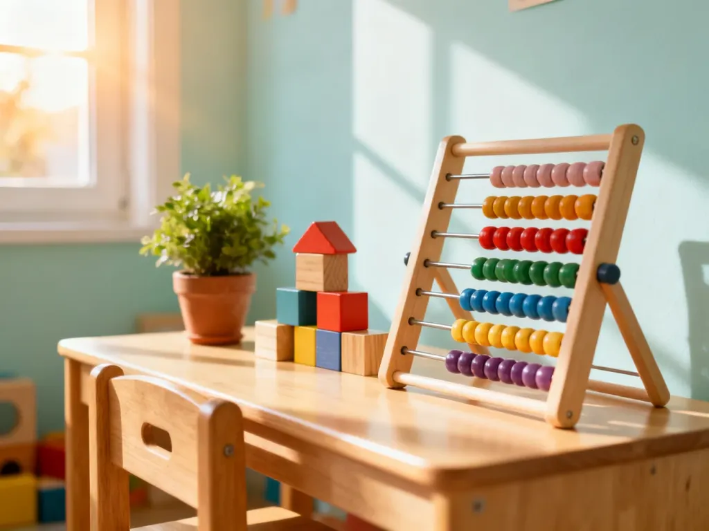 Drewniane zabawki edukacyjne i liczydło na stoliku w jasnej, przytulnej sali przedszkolnej.