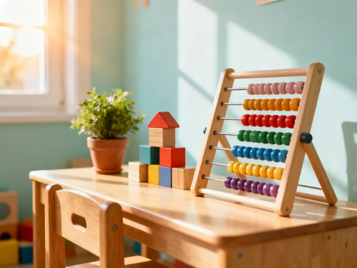 Drewniane zabawki edukacyjne i liczydło na stoliku w jasnej, przytulnej sali przedszkolnej.