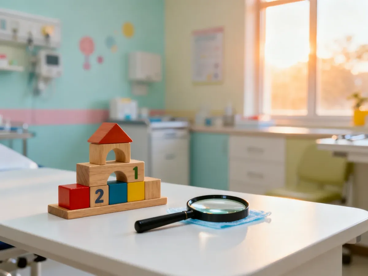 Sterylny gabinet lekarski z zabawkami i lupą, symbolizujący profesjonalną diagnostykę pediatryczną.