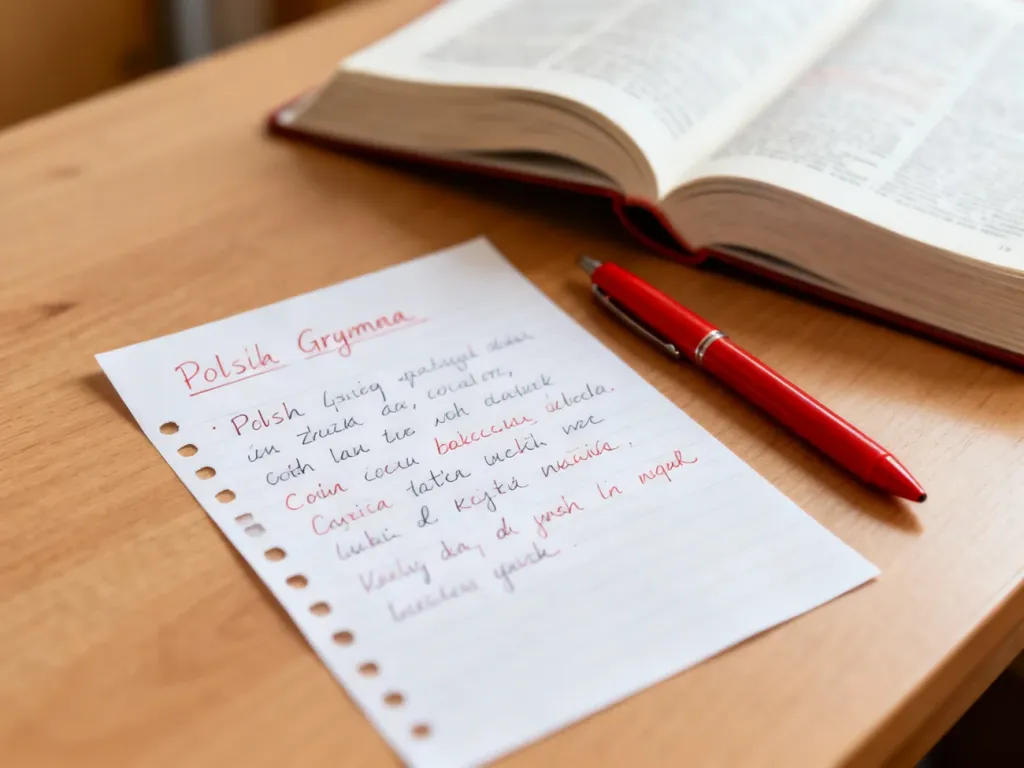 Odręczna notatka z zasadami polskiej gramatyki, czerwony długopis i otwarty słownik na drewnianym biurku.