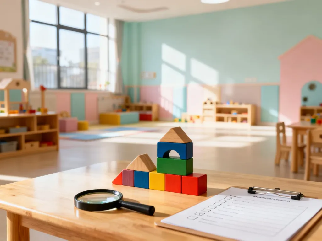 Jasne, nowoczesne wnętrze przedszkola z pomocami edukacyjnymi i listą kontrolną, symbolizujące profesjonalną placówkę.