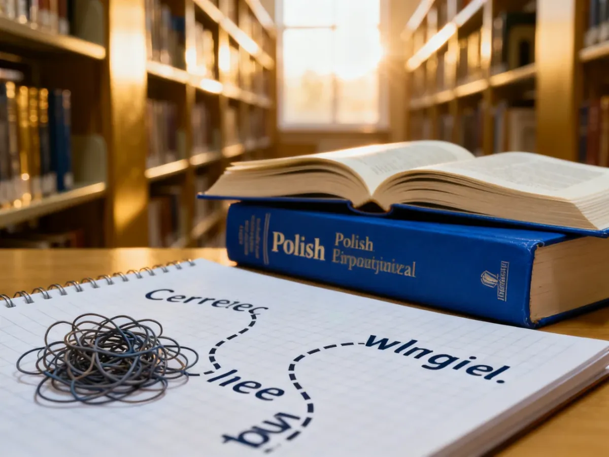 Otwarty słownik i notatnik z wizualizacją poprawnej pisowni, symbolizującą wybór między błędną a poprawną formą językową.