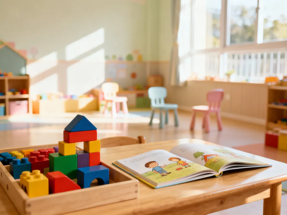 Przytulna sala przedszkolna z klockami i książką, tworząca ciepłą atmosferę sprzyjającą adaptacji dziecka.
