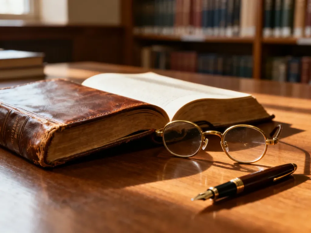 Otwarte stare księgi, okulary i pióro na biurku, symbolizujące wiedzę i profesjonalizm w pracy nauczyciela.