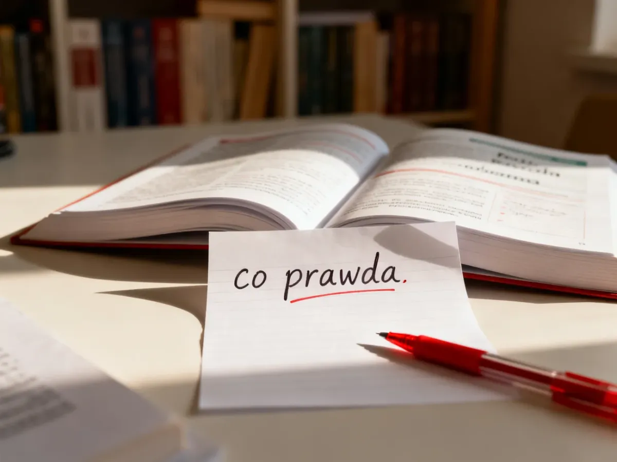 Otwarta książka do gramatyki i odręczna notatka z napisem „co prawda” na biurku, ilustrujące zasady poprawnej pisowni.