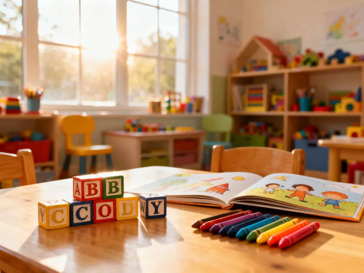 Kolorowa sala przedszkolna z pomocami edukacyjnymi, takimi jak klocki z literami i książki, zachęcająca do nauki i zabawy.