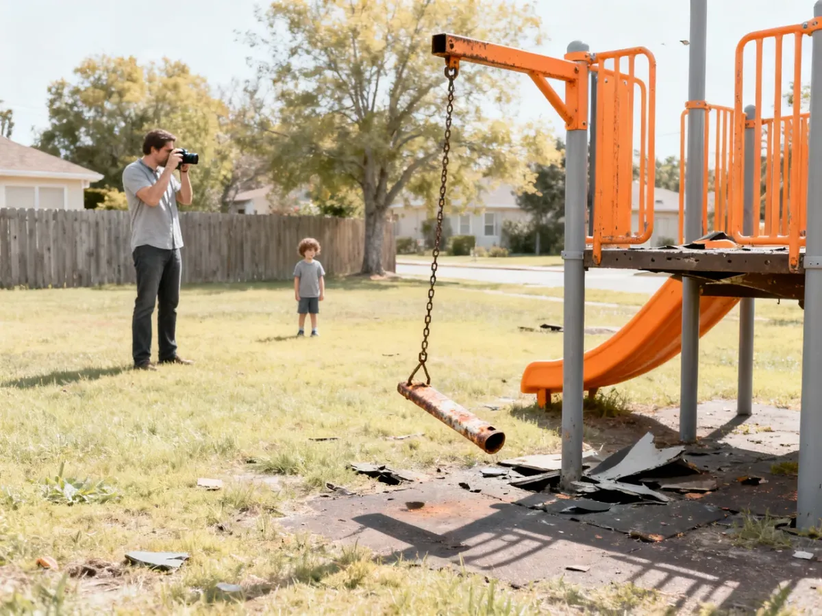 Rodzic dokumentuje uszkodzone urządzenie na placu zabaw
