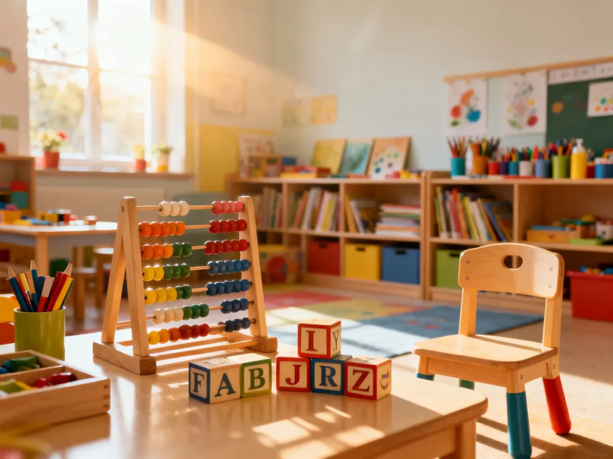 Kolorowa i przytulna sala przedszkolna z drewnianymi zabawkami, zachęcająca dzieci do nauki i zabawy.