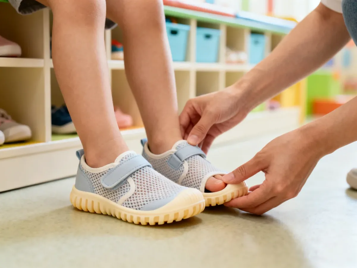 Dziecko przymierza lekkie buty zmienne w przedszkolnej szatni