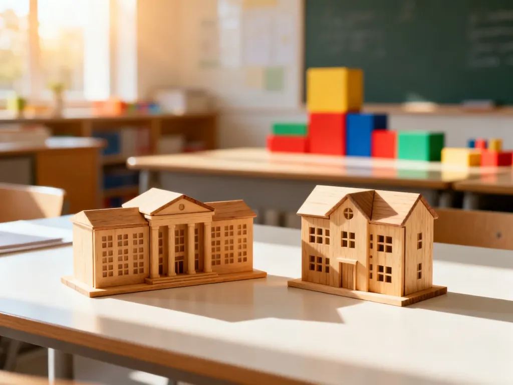 Drewniane modele budynków przedszkolnych symbolizujące porównanie placówki publicznej i niepublicznej na biurku.