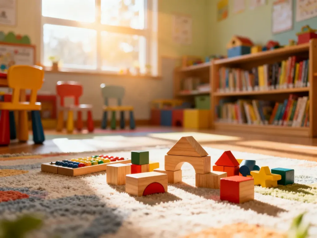Kolorowa sala przedszkolna z drewnianymi klockami i zabawkami, tworząca przyjazną przestrzeń do nauki i zabawy dla dzieci.