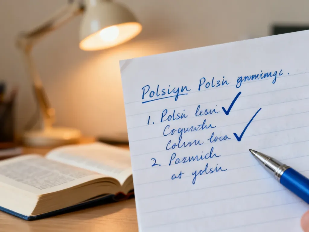 Odręcznie zapisana kartka z poprawką gramatyczną i długopisem na biurku, symbolizująca naukę poprawnej pisowni.