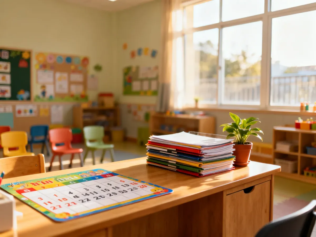 Uporządkowane biurko nauczyciela w przedszkolu w promieniach porannego słońca, symbolizujące profesjonalne miejsce pracy.