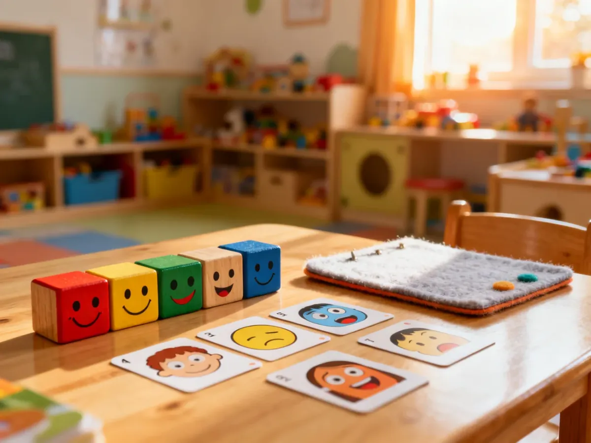 Kolorowe pomoce dydaktyczne do nauki emocji: drewniane klocki z minami, karty obrazkowe i tablica filcowa na stole.