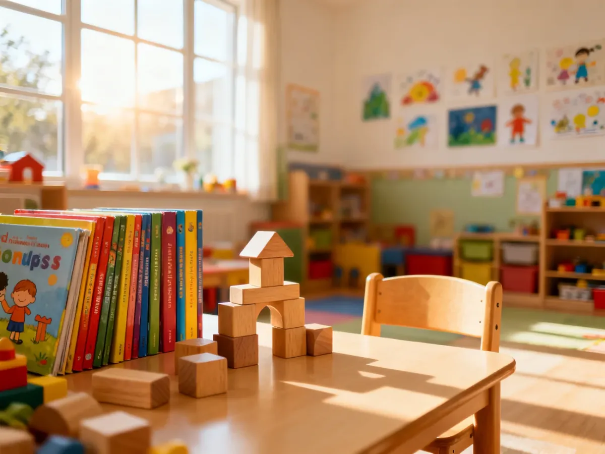 Przytulna i kolorowa sala przedszkolna z zabawkami oraz pomocami edukacyjnymi, zachęcająca dzieci do nauki i zabawy.