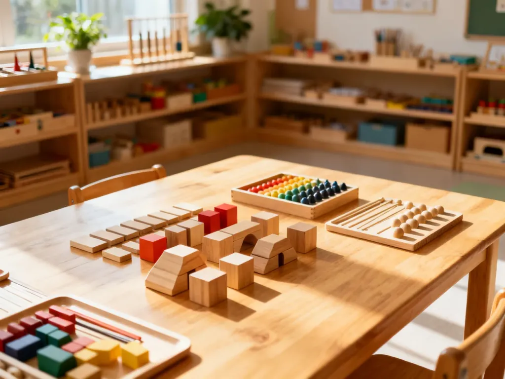 Drewniane klocki i pomoce Montessori na stole w słonecznej sali przedszkolnej, tworzące przyjazne środowisko edukacyjne.