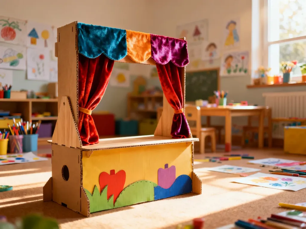 Kolorowy, ręcznie wykonany teatrzyk kukiełkowy w sali przedszkolnej, przygotowany do wystawienia przedstawienia dla dzieci.