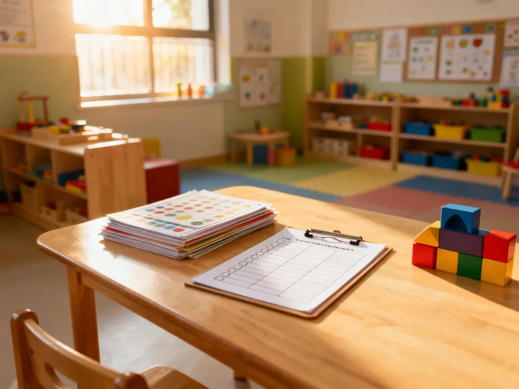 Uporządkowana sala przedszkolna z materiałami edukacyjnymi i listą kontrolną, przygotowana na wizytę kontrolną.