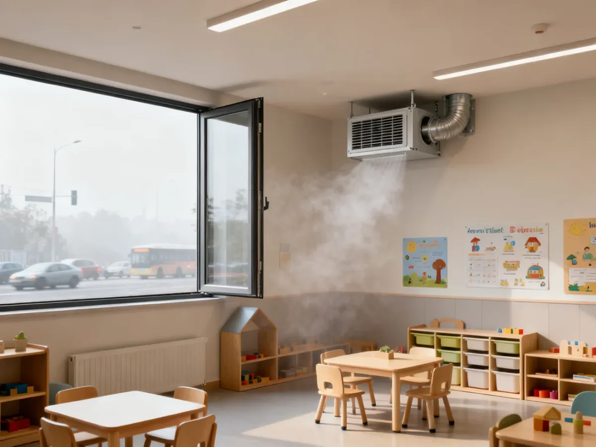 Sala przedszkolna z mechaniczną wentylacją i otwartym oknem